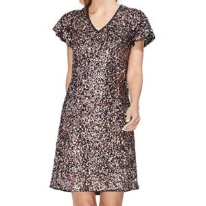 Vince Camuto Sequin V Neck Short‎ Sleeve Shift Dress Rose Gold Black Size 6